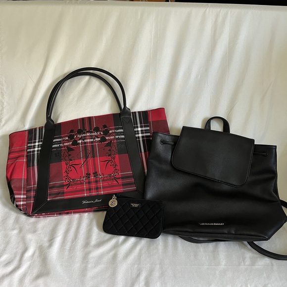 PINK Victoria's Secret Handbags - Victoria's Secret 3 Pc Set Red Plaid Tote Backpack Wallet VS Charm Chic Trendy